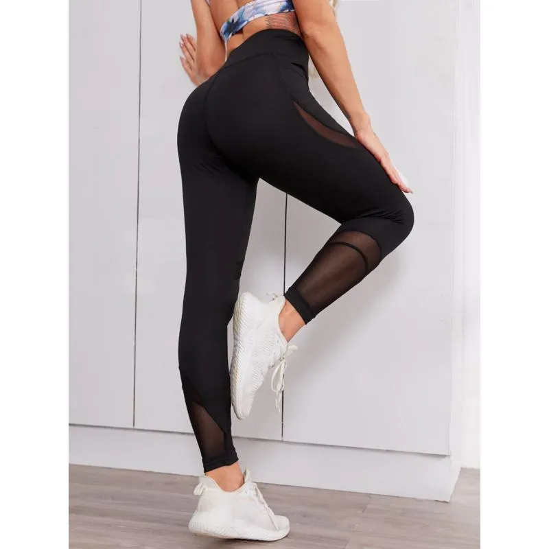 High-Waisted Yoga Black Sports Fitness Patchwork Mesh Sports Leggings