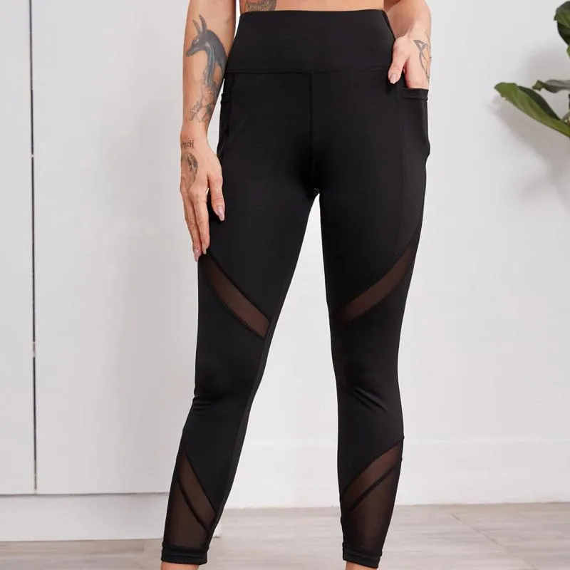 High-Waisted Yoga Black Sports Fitness Patchwork Mesh Sports Leggings