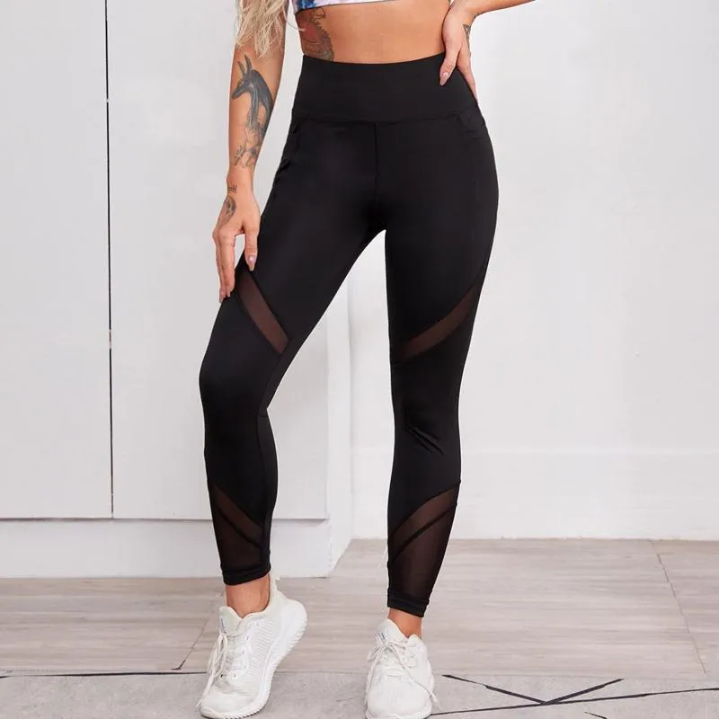 High-Waisted Yoga Black Sports Fitness Patchwork Mesh Sports Leggings