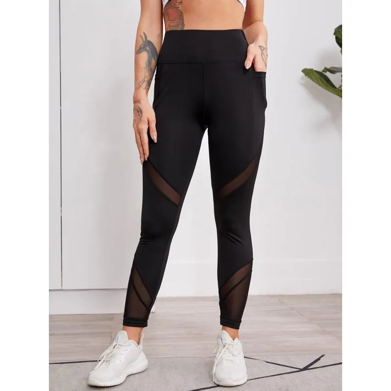 High-Waisted Yoga Black Sports Fitness Patchwork Mesh Sports Leggings