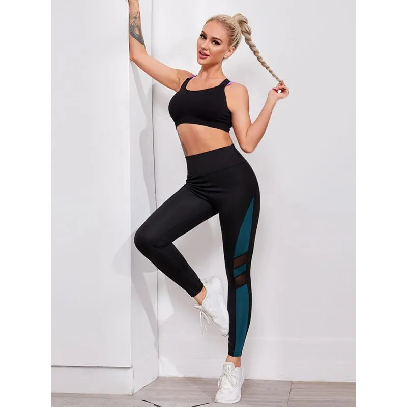 High-Waisted Yoga Elasticity Slimming Sports Running Patchwork Mesh Sports Leggings