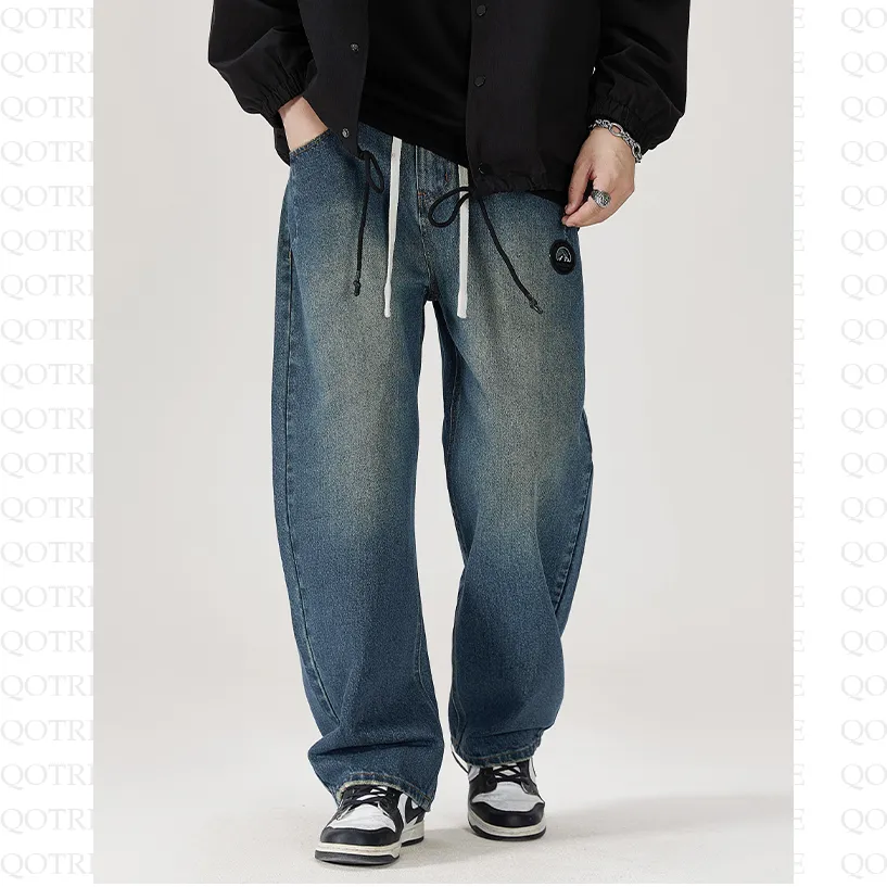 Label Detail Straight Leg Casual Loose Fit Washed Out Jeans