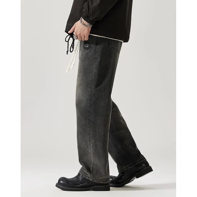 Label Detail Straight Leg Casual Loose Fit Washed Out Jeans