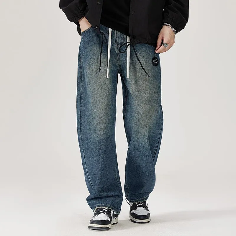 Label Detail Straight Leg Casual Loose Fit Washed Out Jeans