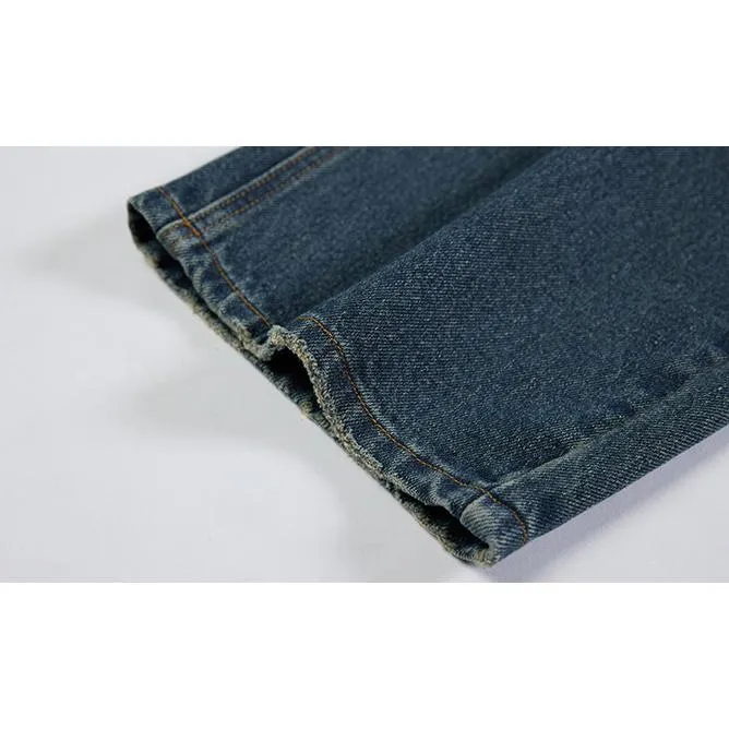 Label Detail Straight Leg Casual Loose Fit Washed Out Jeans