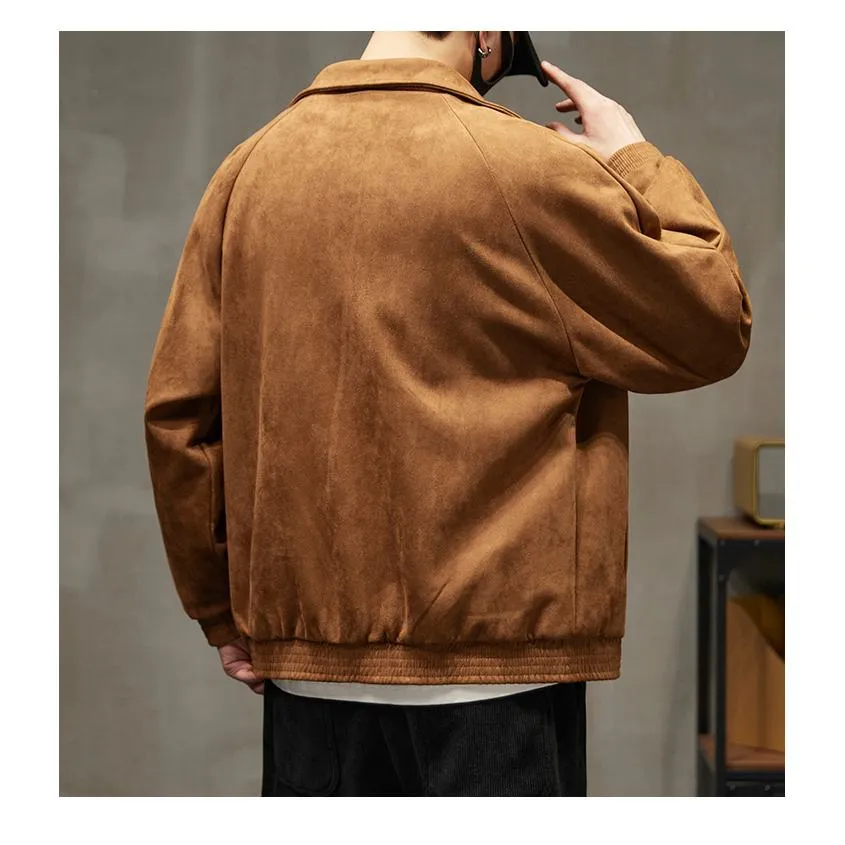 Lapel Collar Solid Button Front Loose Fit Suede Shirt Jacket