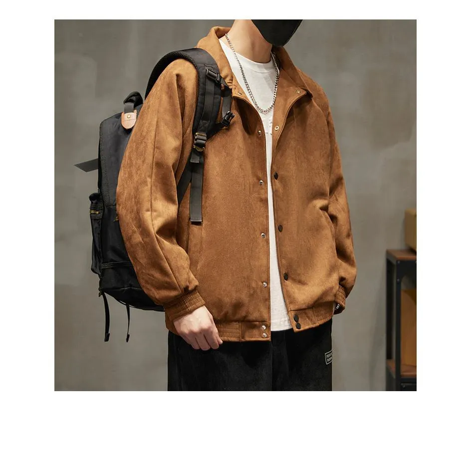 Lapel Collar Solid Button Front Loose Fit Suede Shirt Jacket