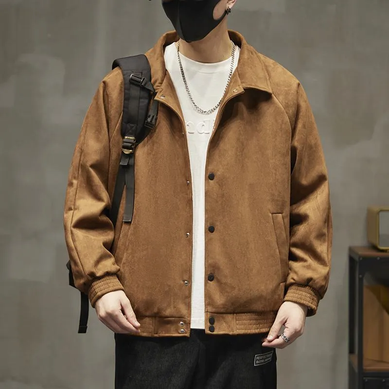 Lapel Collar Solid Button Front Loose Fit Suede Shirt Jacket