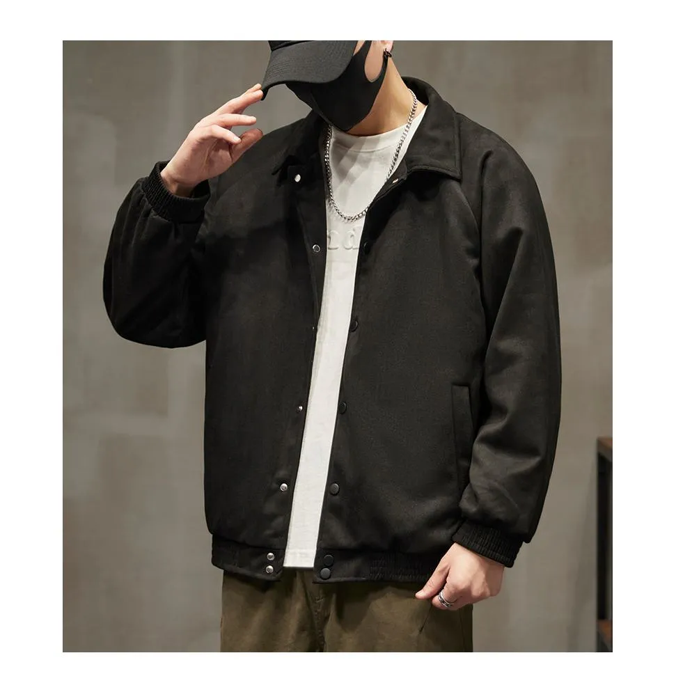 Lapel Collar Solid Button Front Loose Fit Suede Shirt Jacket