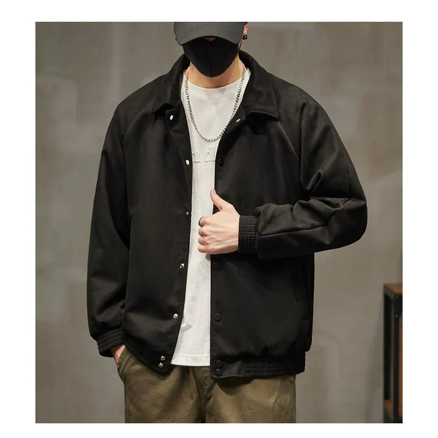Lapel Collar Solid Button Front Loose Fit Suede Shirt Jacket