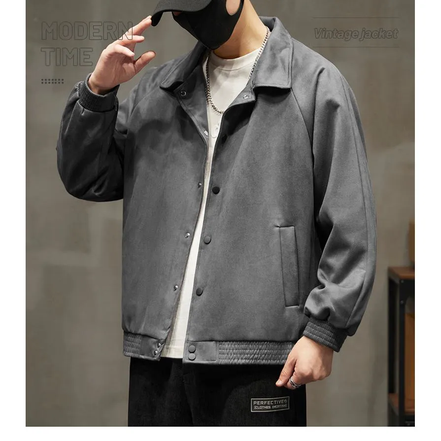 Lapel Collar Solid Button Front Loose Fit Suede Shirt Jacket