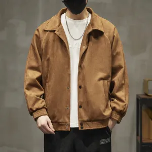 Lapel Collar Solid Button Front Loose Fit Suede Shirt Jacket