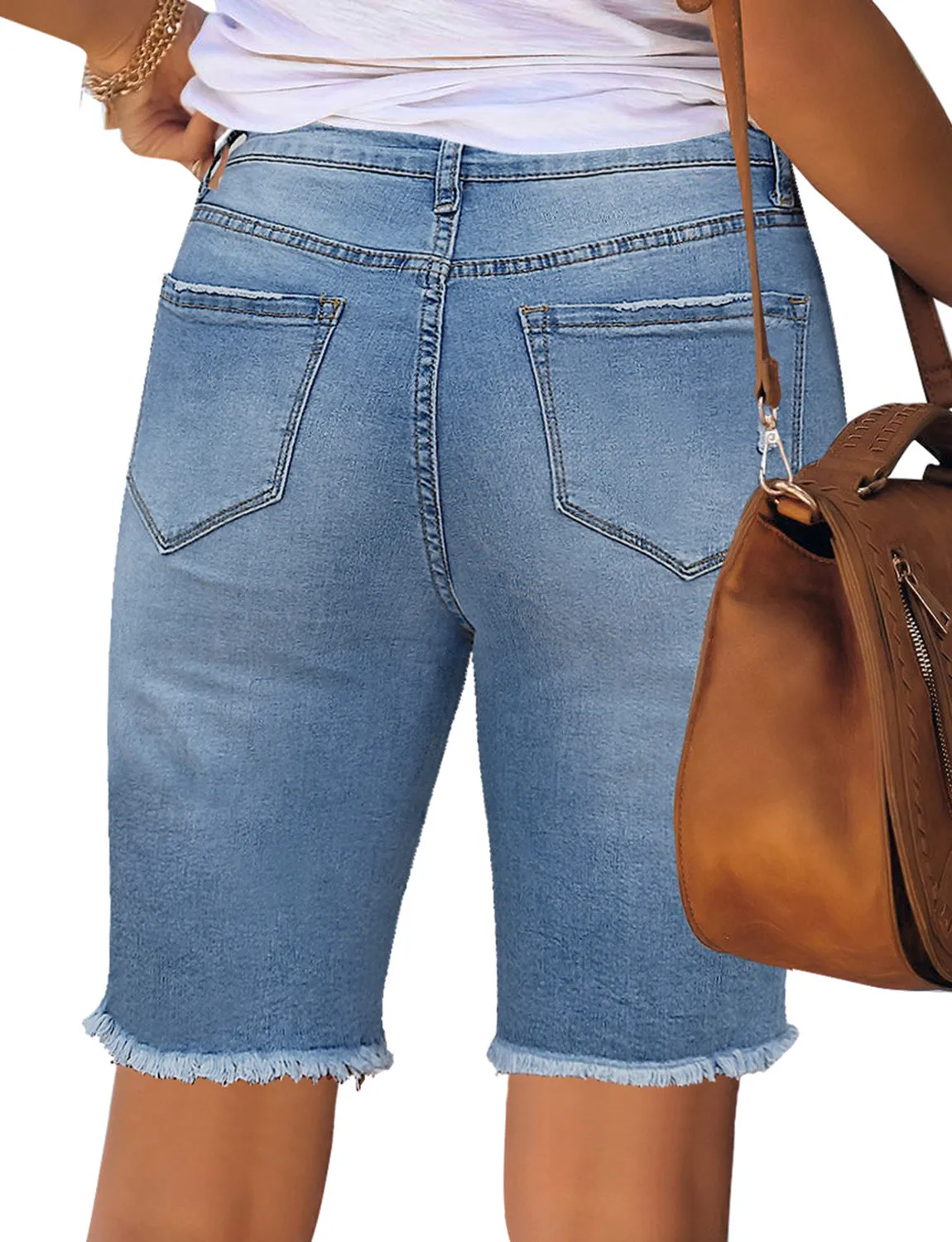 Light Blue Women's High Waisted Rolled Hem Distressed Jeans Ripped Denim Shorts