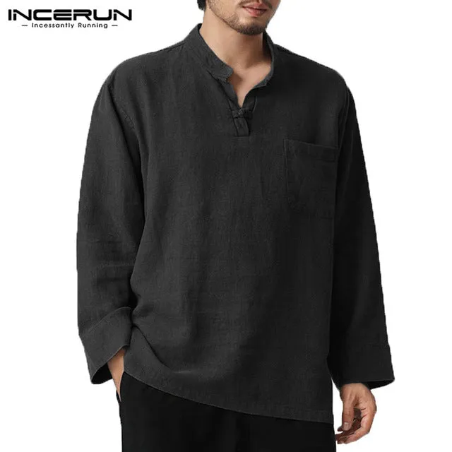 Long Sleeve V-neck Cotton Linen Men