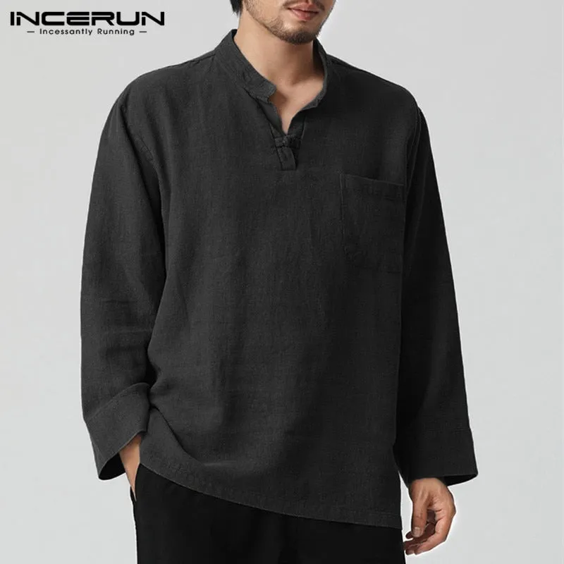 Long Sleeve V-neck Cotton Linen Men