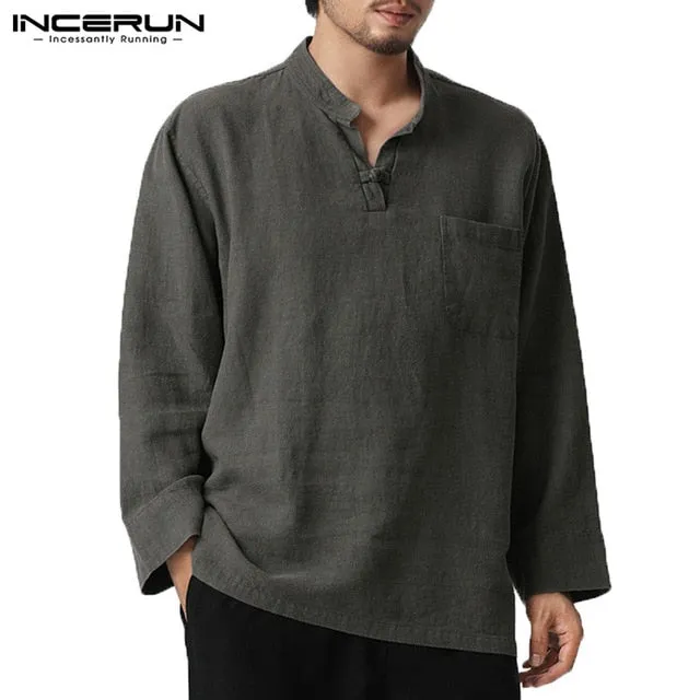 Long Sleeve V-neck Cotton Linen Men