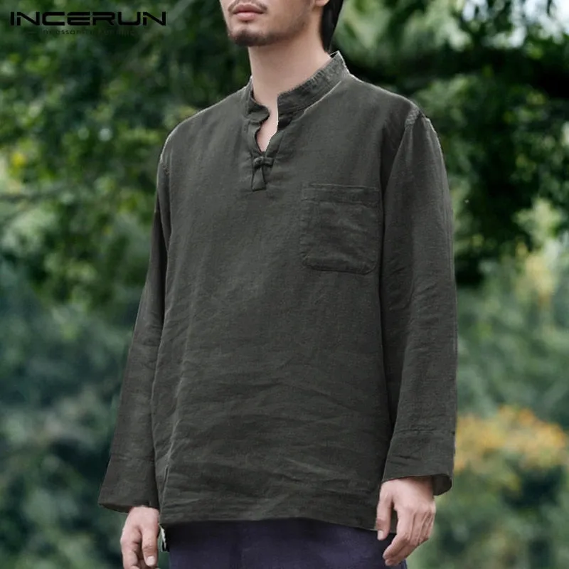 Long Sleeve V-neck Cotton Linen Men