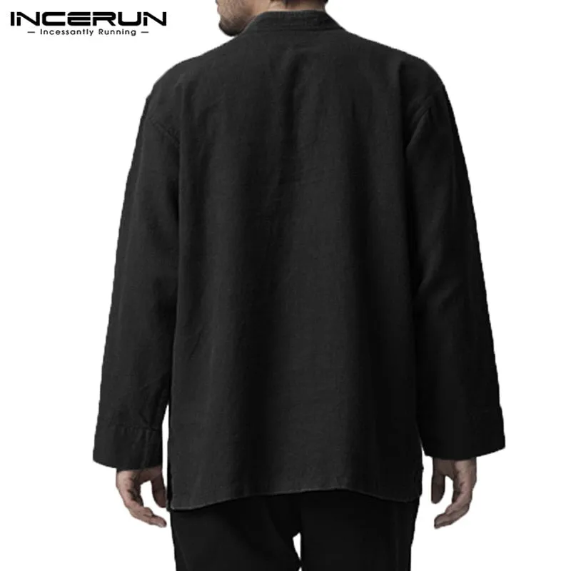 Long Sleeve V-neck Cotton Linen Men