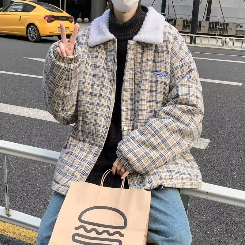 Loose Fit Retro Casual Lamb Thickened Plaid Flannel Coat