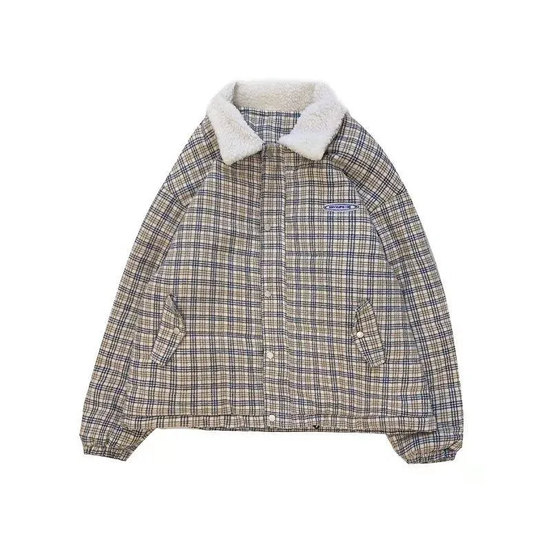 Loose Fit Retro Casual Lamb Thickened Plaid Flannel Coat