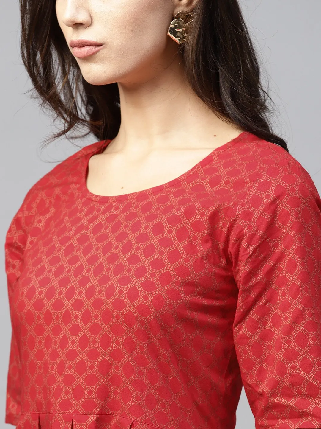Maroon Printed Maxi Dress With Round Neck And Half Sleeves