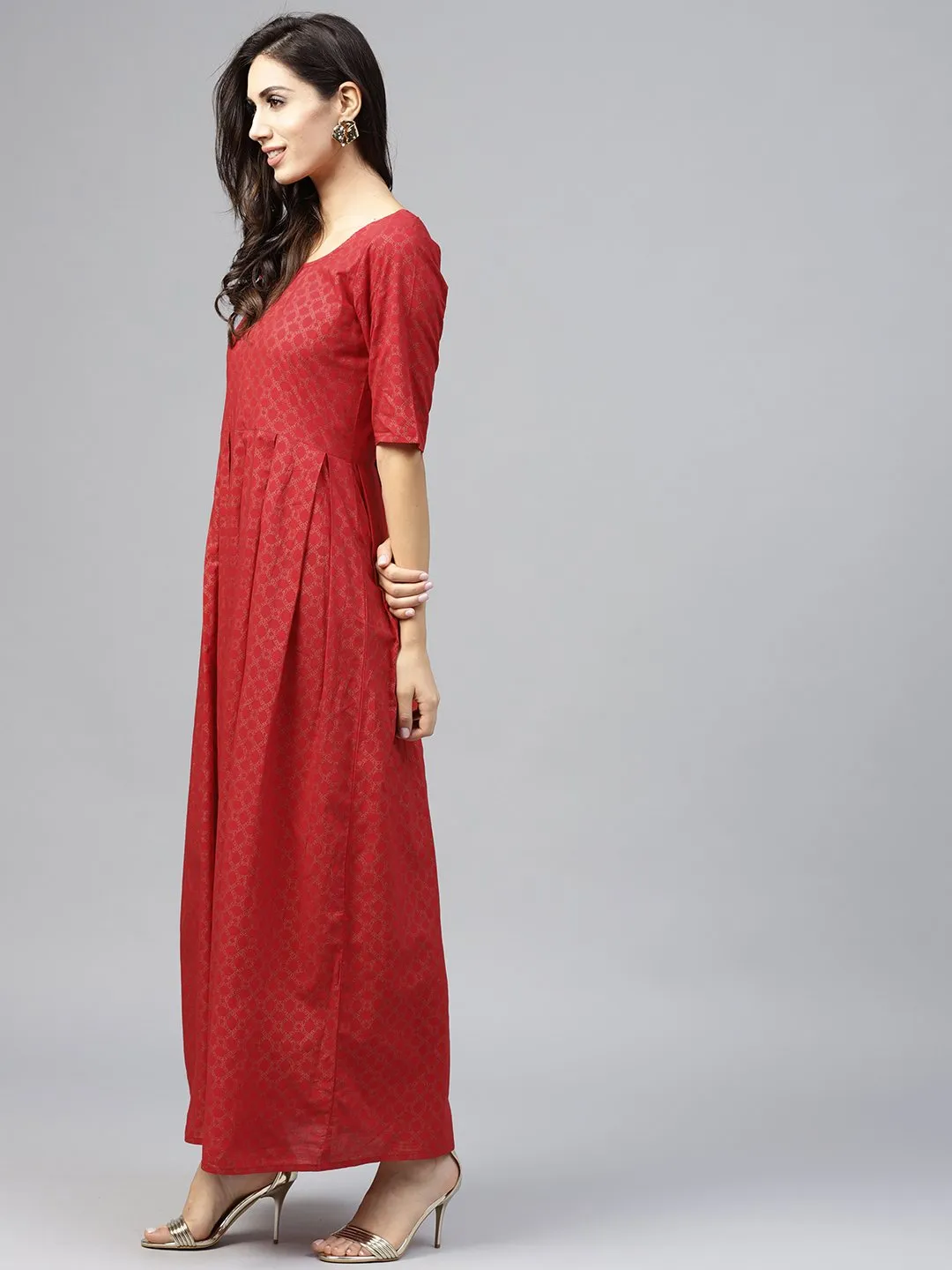 Maroon Printed Maxi Dress With Round Neck And Half Sleeves