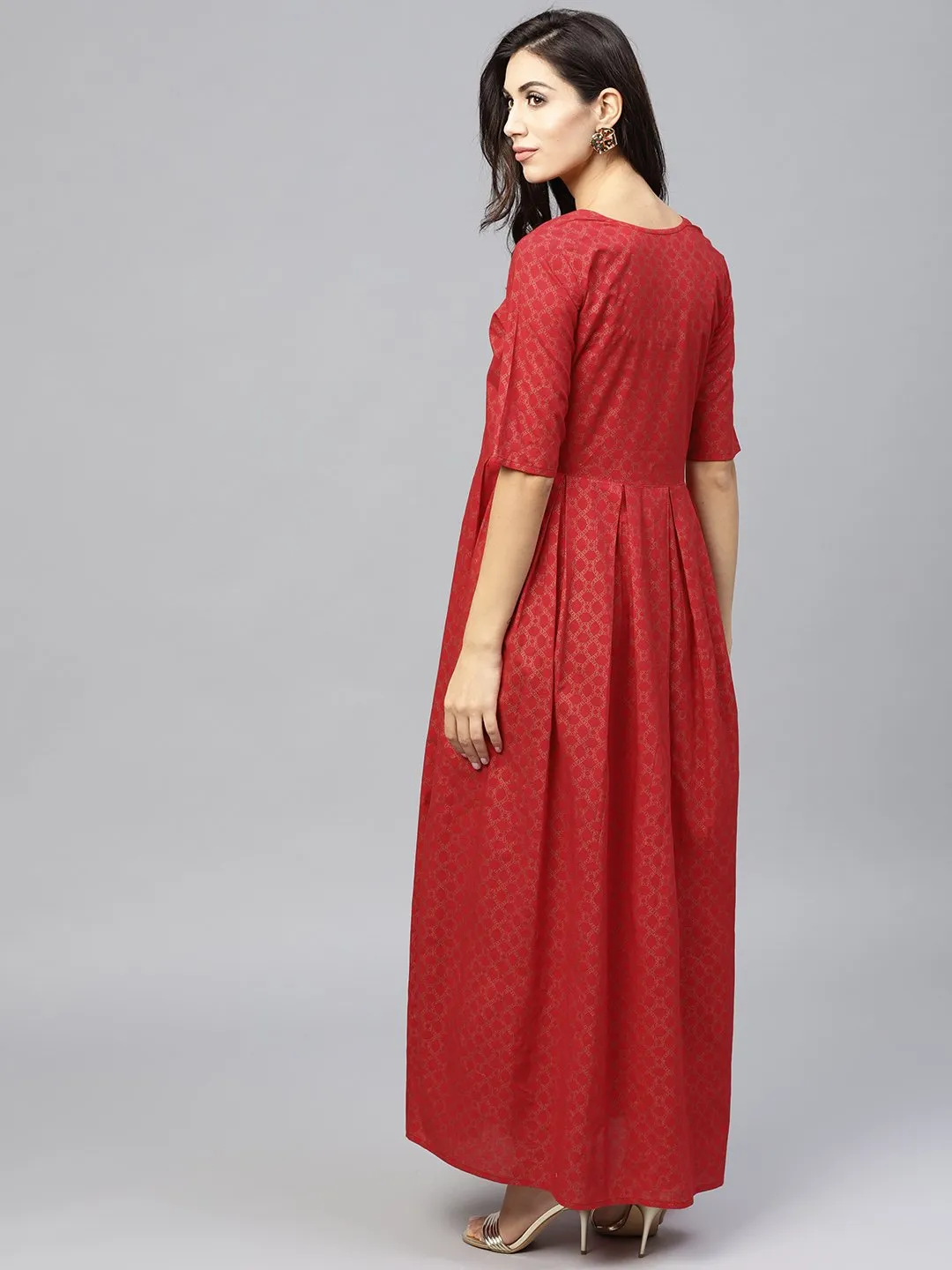 Maroon Printed Maxi Dress With Round Neck And Half Sleeves