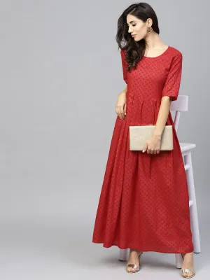 Maroon Printed Maxi Dress With Round Neck And Half Sleeves