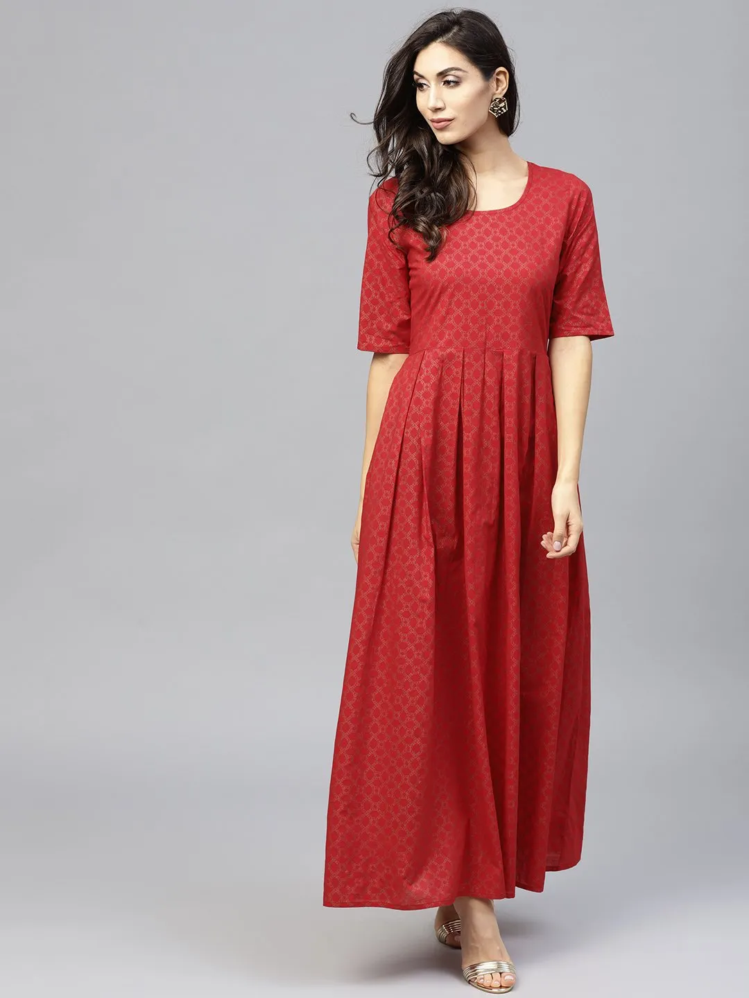 Maroon Printed Maxi Dress With Round Neck And Half Sleeves
