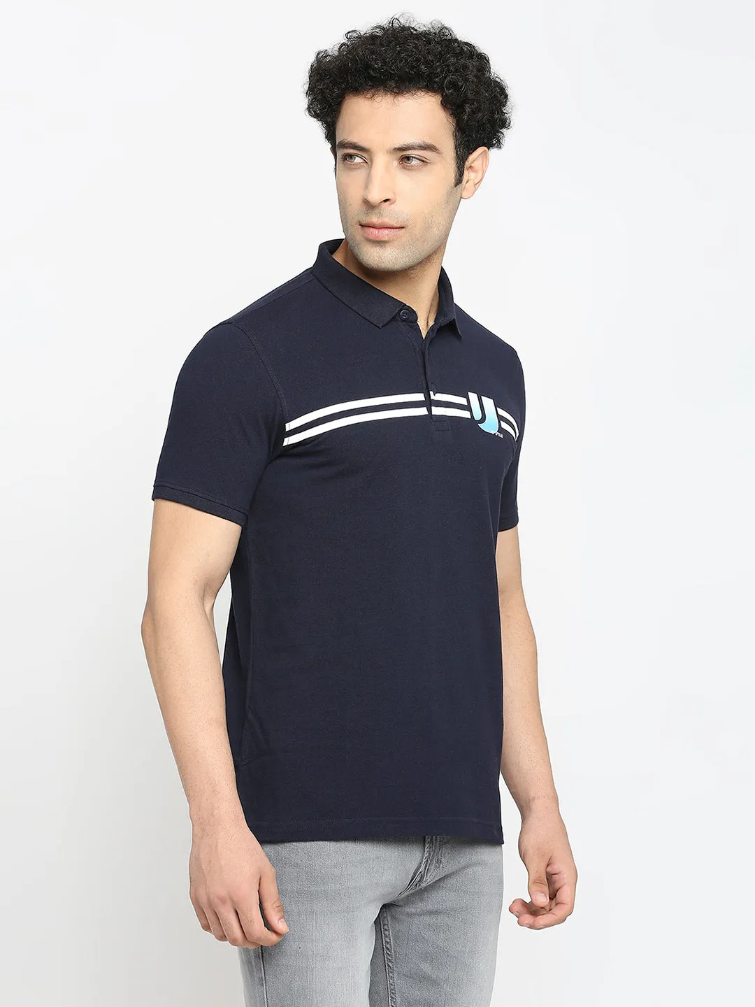 Men Premium Cotton Navy Blue Polo T-Shirt- Underjeans By Spykar