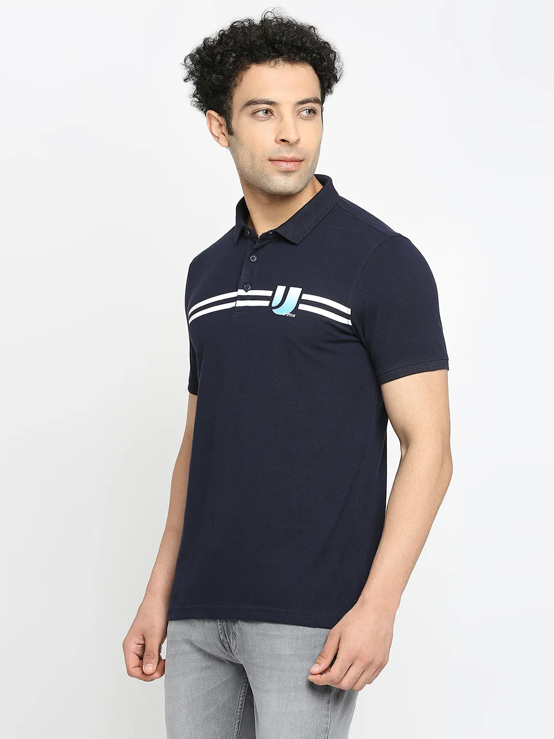 Men Premium Cotton Navy Blue Polo T-Shirt- Underjeans By Spykar