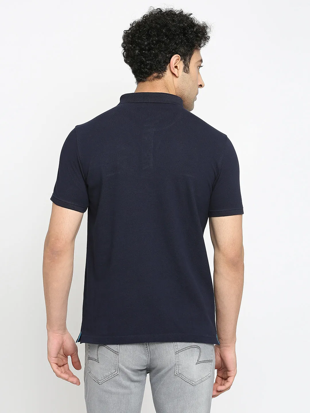 Men Premium Cotton Navy Blue Polo T-Shirt- Underjeans By Spykar