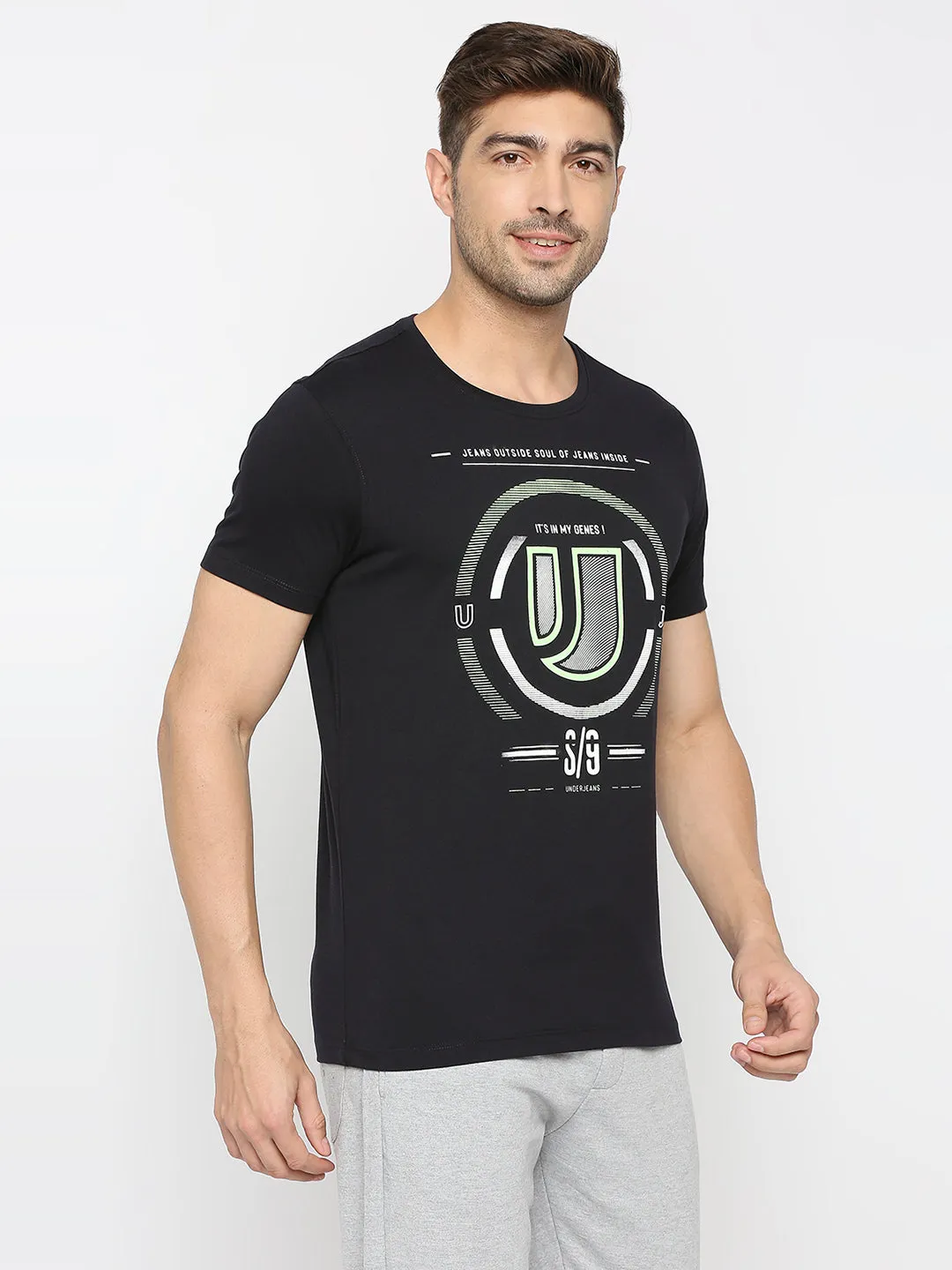 Men Premium Navy Cotton Round Neck Printed Tshirt- Underjeans By Spykar