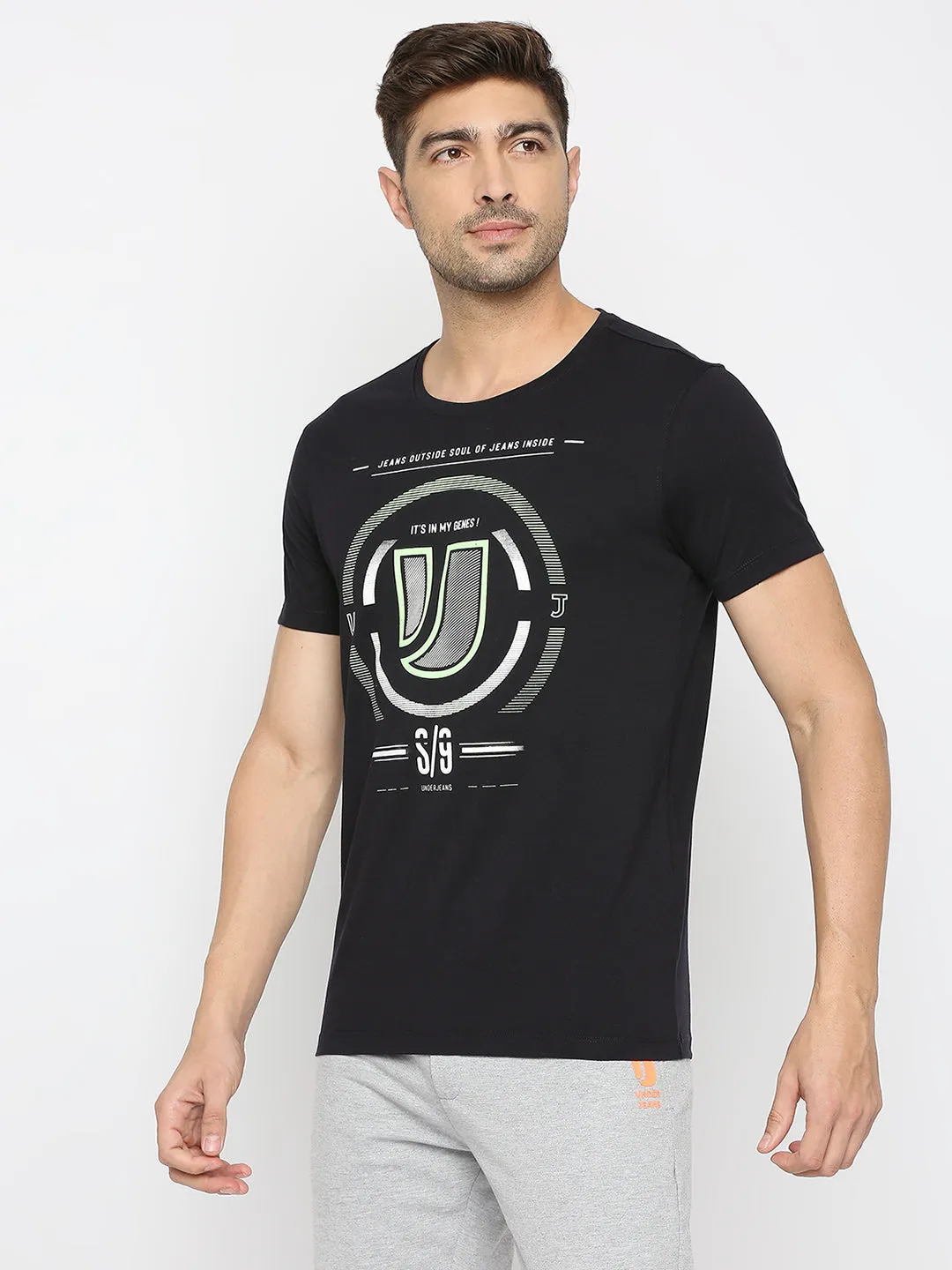 Men Premium Navy Cotton Round Neck Printed Tshirt- Underjeans By Spykar