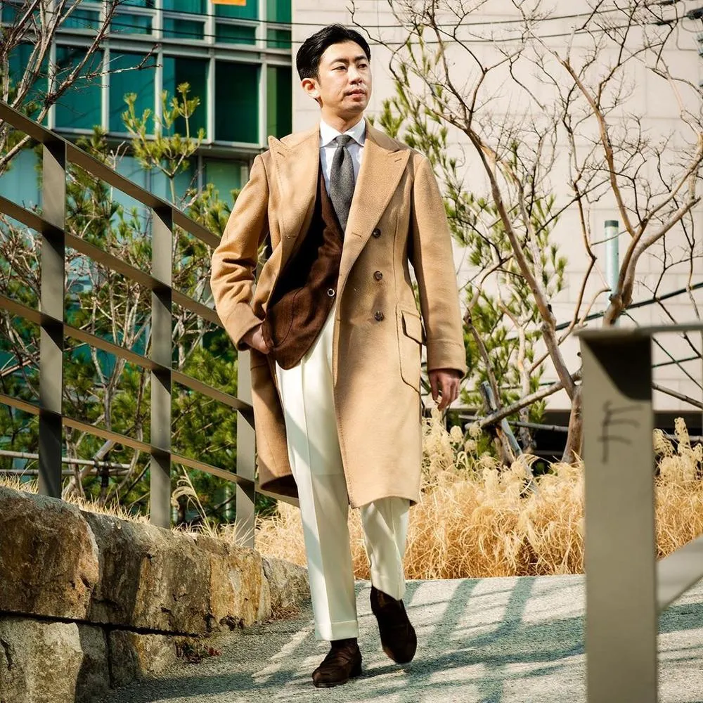 Men Style Solid Double-Breasted V-Sleeve Long Jacket Casual