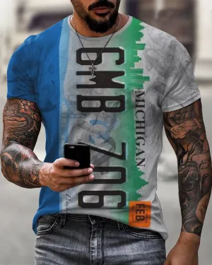 Michigan License Plate Print Casual T-Shirt