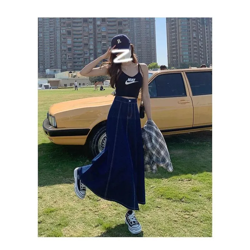 Midi A-Line High-Waisted Draping Full Skirt Denim Skirt