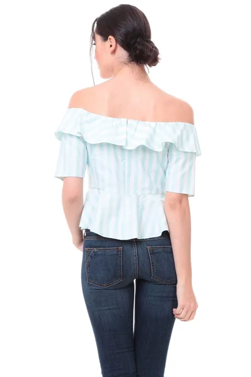 Naked Zebra Off The Shoulder White/Mint Stripe Ladies Top - ON SALE
