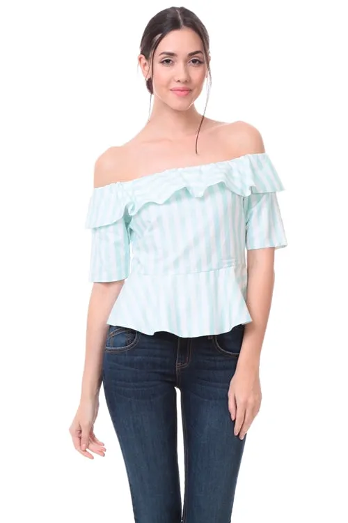 Naked Zebra Off The Shoulder White/Mint Stripe Ladies Top - ON SALE