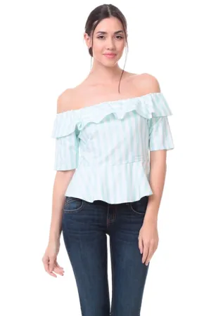 Naked Zebra Off The Shoulder White/Mint Stripe Ladies Top - ON SALE