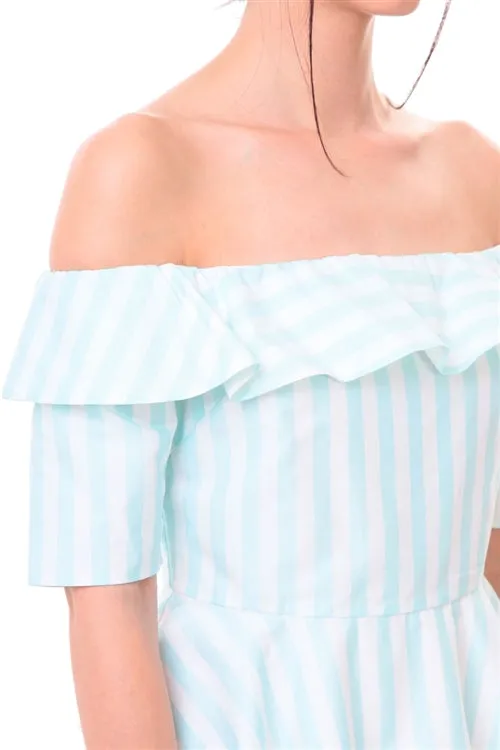 Naked Zebra Off The Shoulder White/Mint Stripe Ladies Top - ON SALE