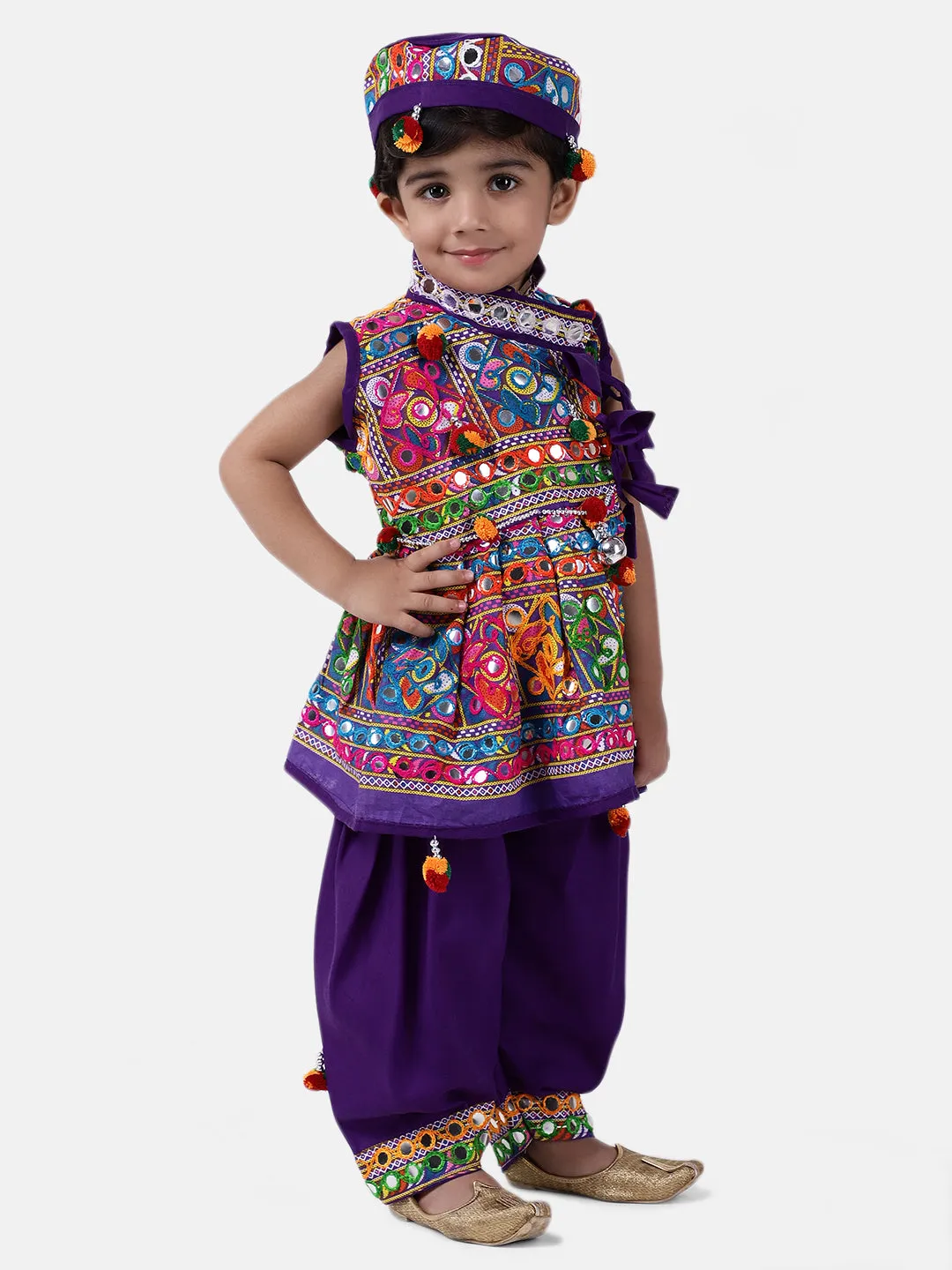 Navratri Embroidered kediya with Dhoti and Cap for Boys- purple