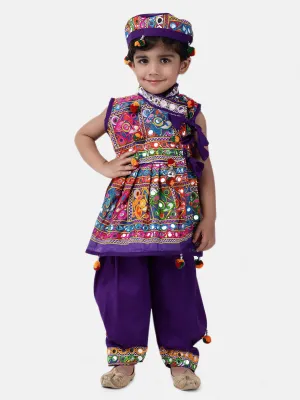 Navratri Embroidered kediya with Dhoti and Cap for Boys- purple