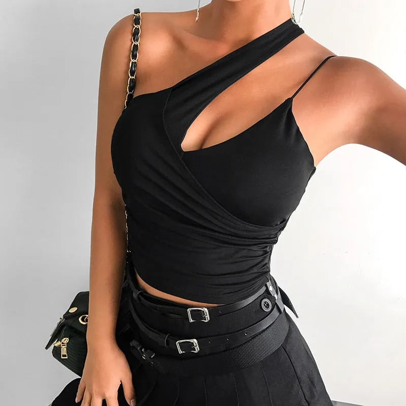 One Shoulder Gothic Black Cut Out Irregular Backless Sexy Bralette Crop Top Sleeveless