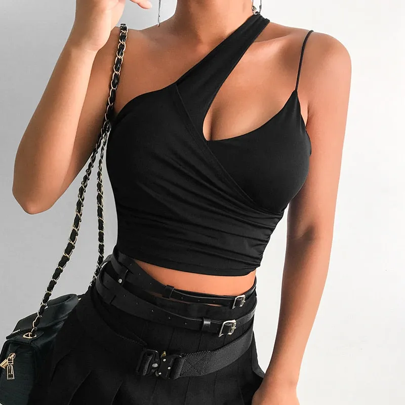 One Shoulder Gothic Black Cut Out Irregular Backless Sexy Bralette Crop Top Sleeveless