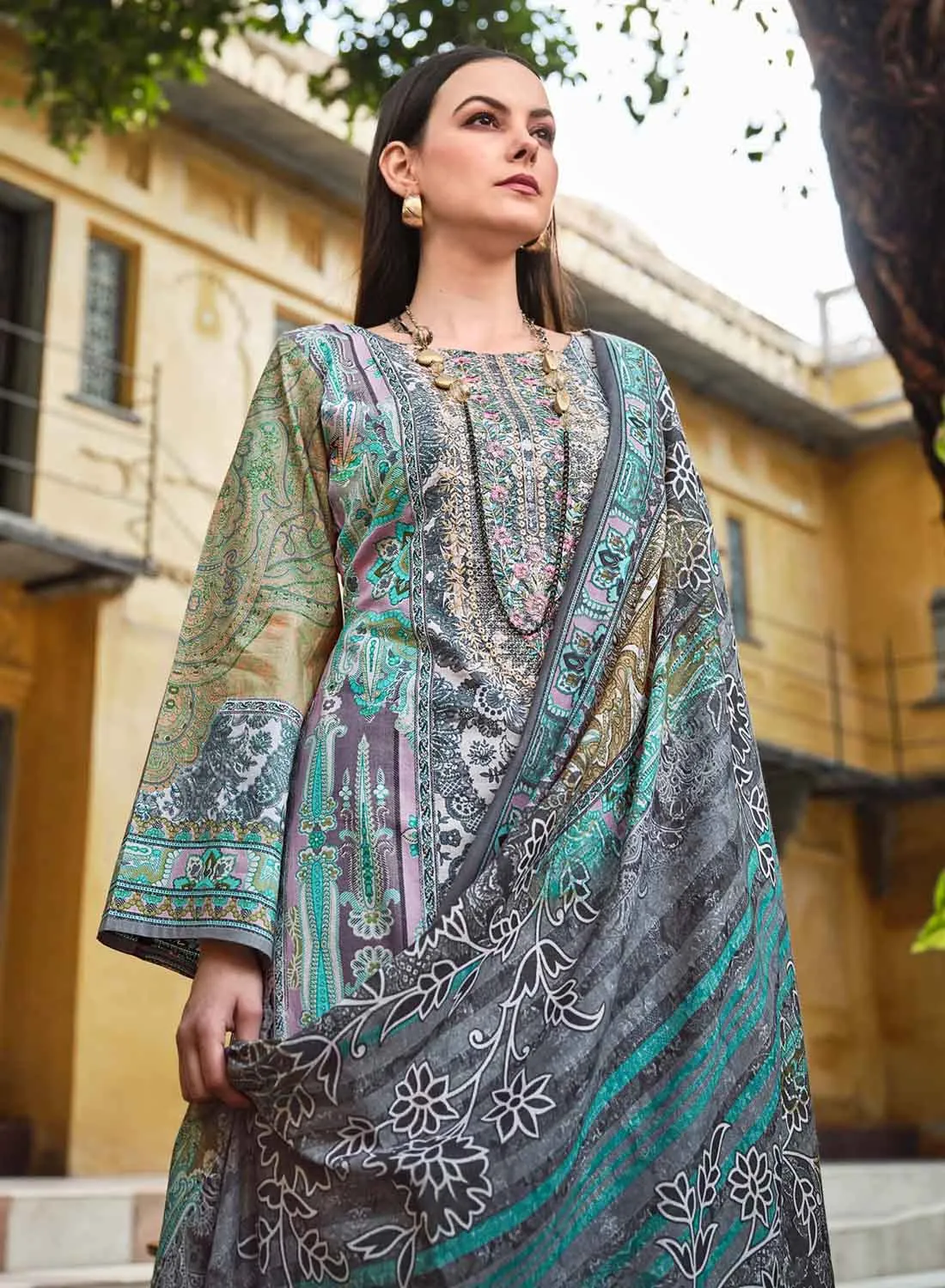 Pakistani Print Unstitched Pure Cotton Salwar Suit Material for Ladies