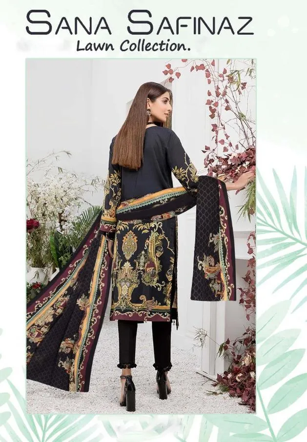 Pakistani Style Lawn Fabric Black Printed Suit Material Women