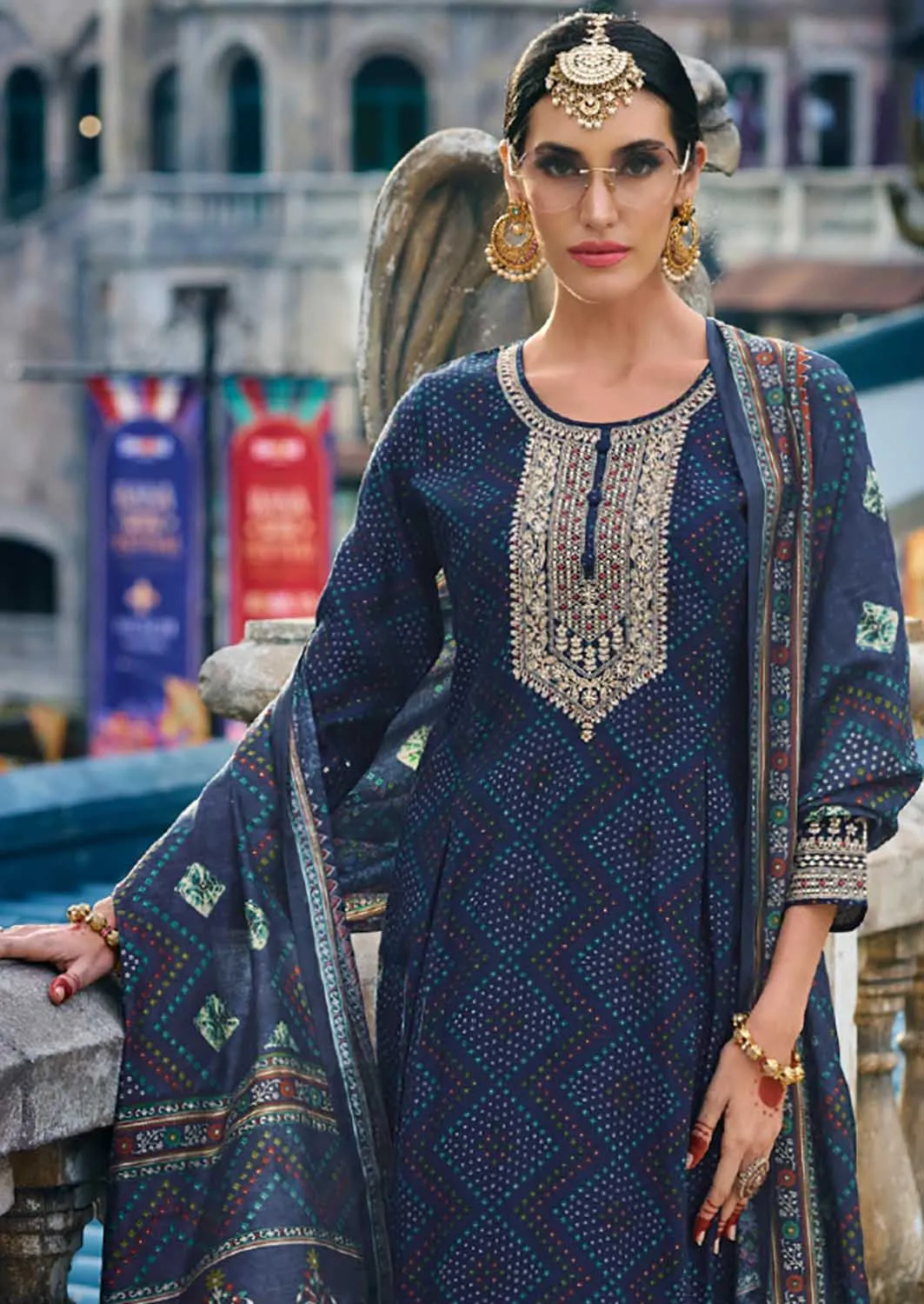 Party Wear Unstitched Muslin Salwar Suit with Fancy Work Blue