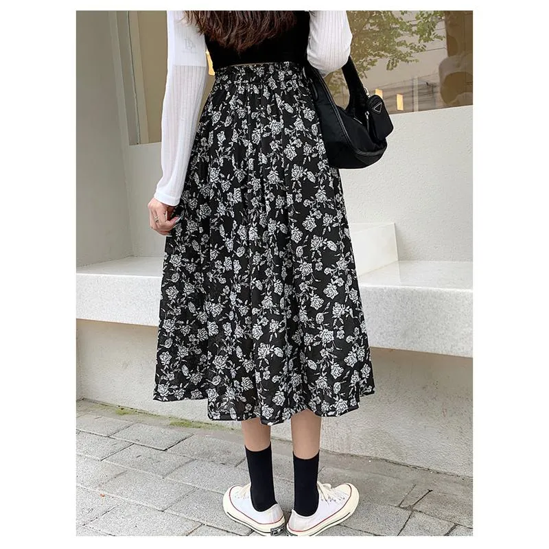Plus Size Floral Print Black Mesh Skirt