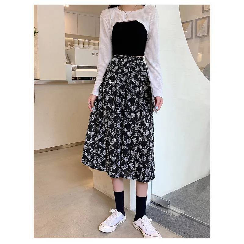 Plus Size Floral Print Black Mesh Skirt